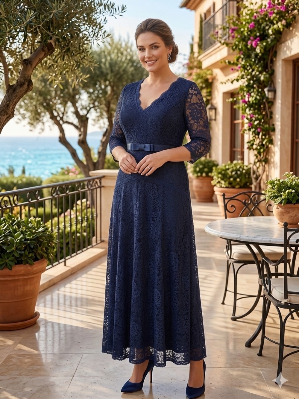 Miusol Navy Lace V-Neck Maxi Dress with Satin Belt
